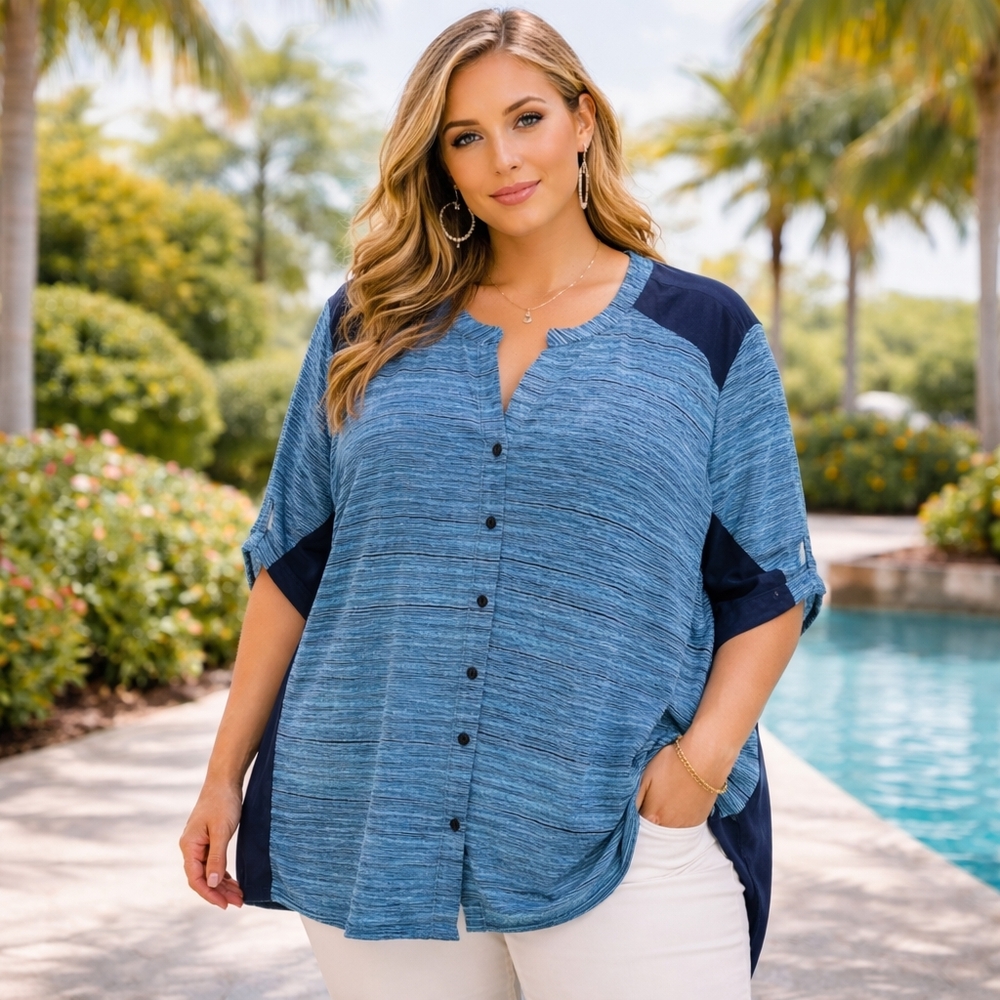 Penningtons Blue Oversized Button Front Top | Casual Relaxed Fit Tunic